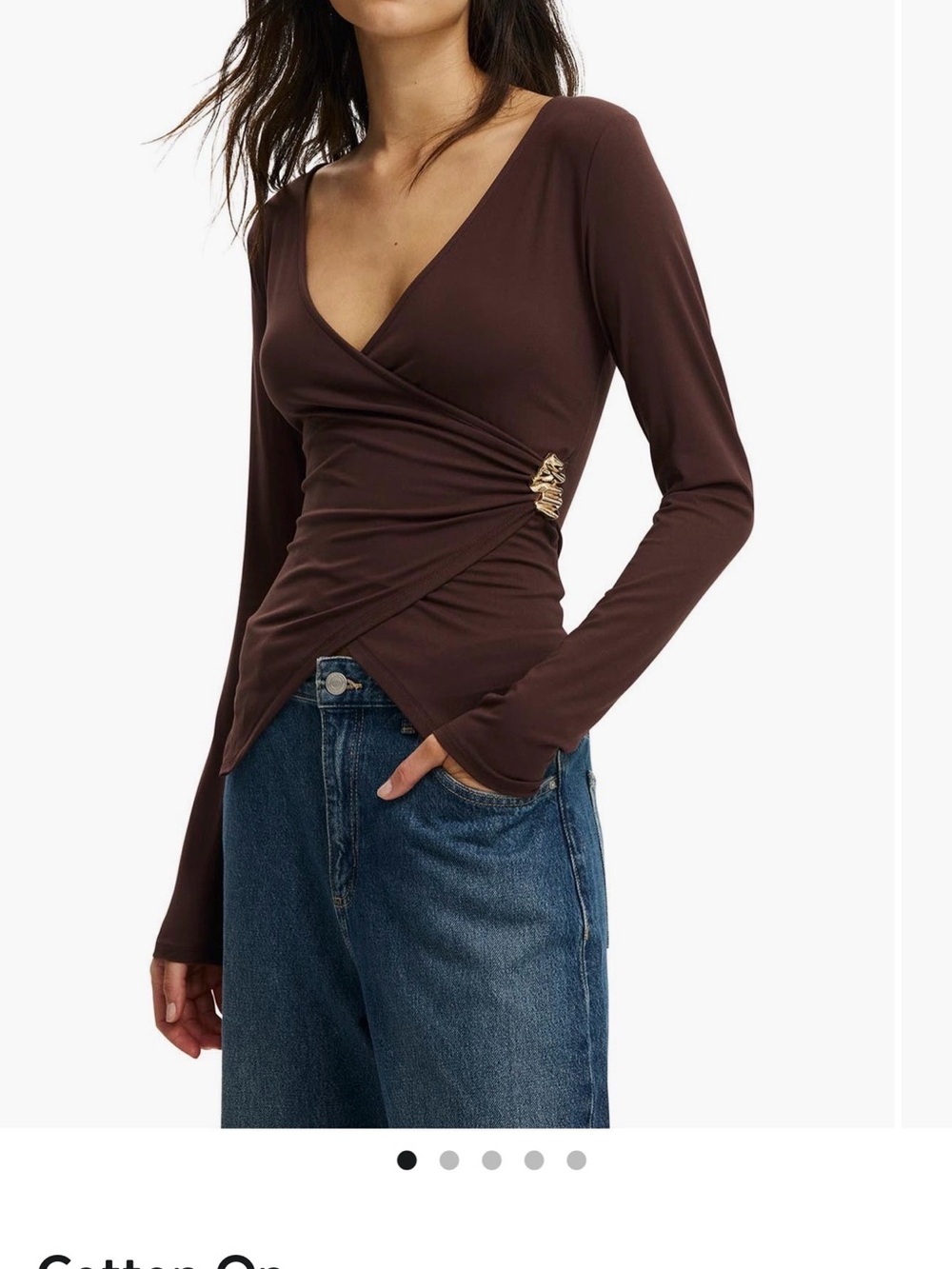 Cotton On Brown Wrap Surplice Long Sleeve Top with Side Ring